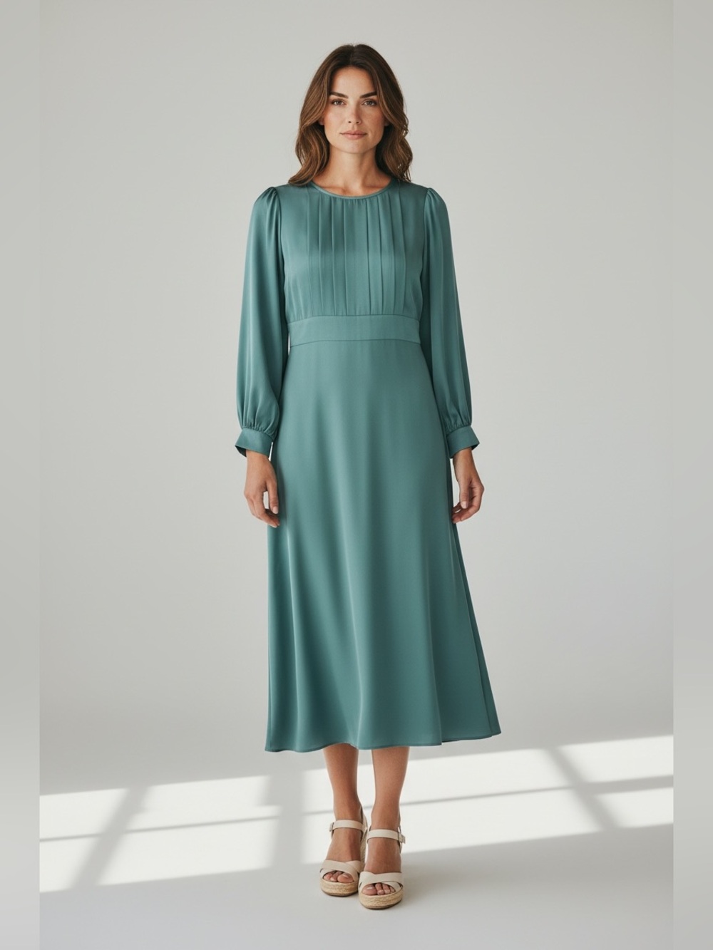 SHEIN Green Pleated Long Sleeve Midi Dress Bishop Sleeve Size Small